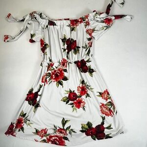 Hyped Unicorn Women's Off Shoulder Floral Dress Tie‎ Sleeves White Red Medium
